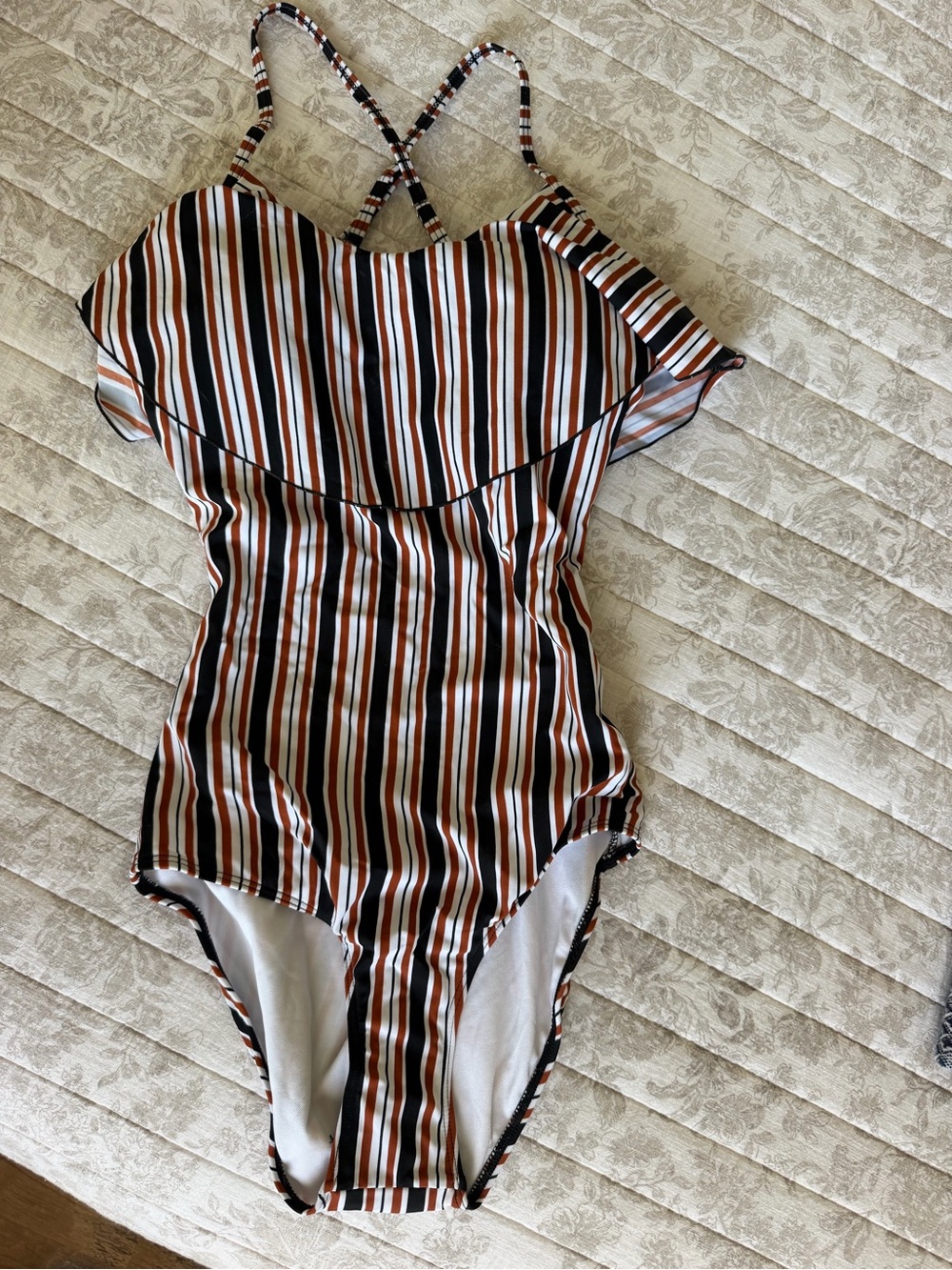 Striped One-Piece Swim Suit in Black, White & Brown sz Med.